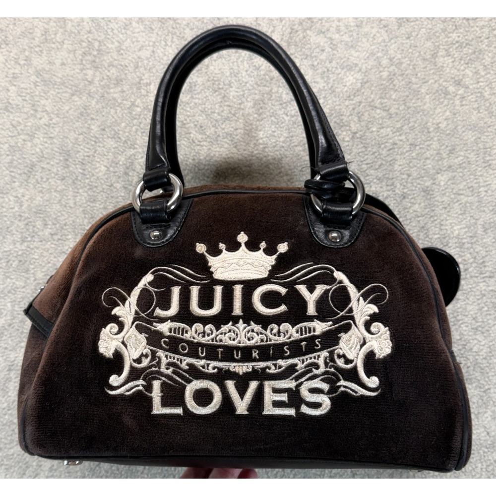 VTG Juicy Couture Womens Bowler Handbag Brown Velour Y2K Crown Logo Embroidered